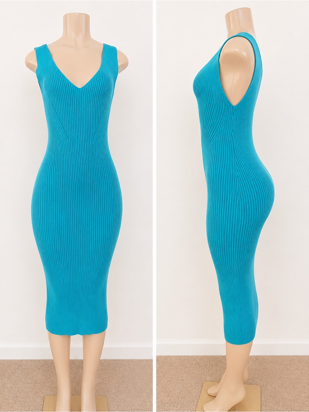 Michael Kors Turquoise Ribbed V-Neck Midi Dress